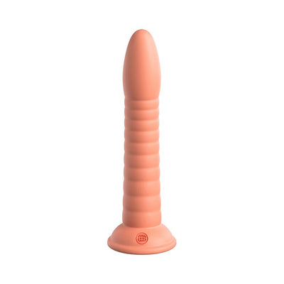 7-inch ribbed silicone dildo with suction cup base in a soft peach color, designed for versatile use.