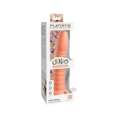 Dillio Platinum Wild Thing 7-inch silicone dildo in peach color with suction cup base, displayed in branded packaging.