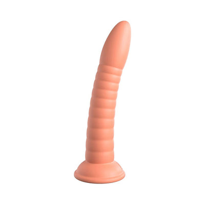Smooth curved silicone dildo with ribbed texture and suction cup base in peach color.