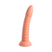 Smooth curved silicone dildo with ribbed texture and suction cup base in peach color.