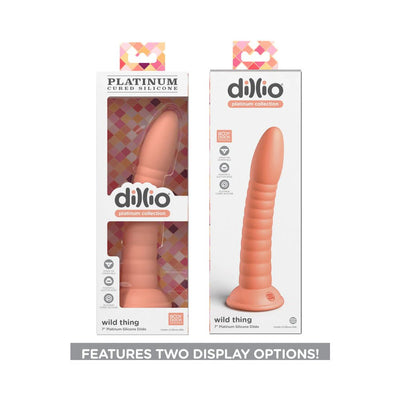 Dillio Platinum Wild Thing 7-inch silicone dildo in peach with suction cup base shown in two packaging styles.
