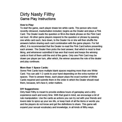 Dirty Nasty Filthy card game instructions detailing gameplay, card roles, and DIY suggestions for adult party fun.