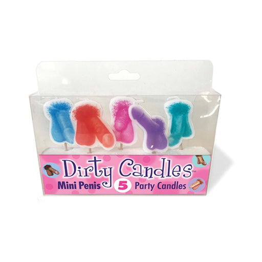 Pack of five colorful mini novelty candles in blue, red, pink, purple, and teal, designed for playful party decor.
