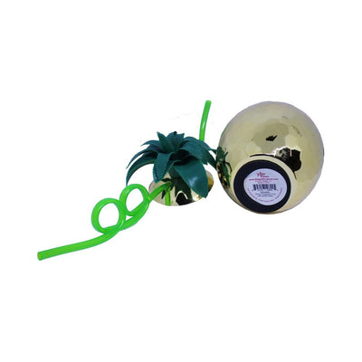 Golden disco pineapple-shaped cup with green leafy lid and curly green straw on white background