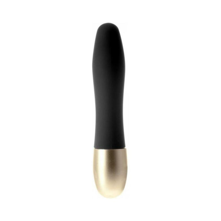 Discretion Black Mini Vibrator Minx with smooth black body and gold-tone base, compact and sleek design.