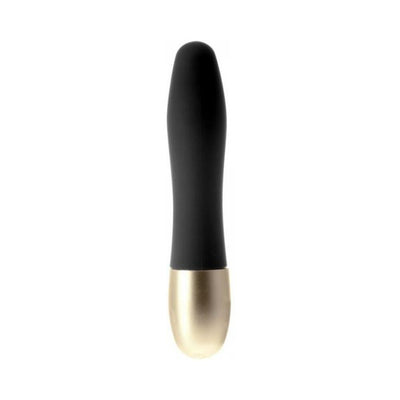 Discretion Black Mini Vibrator Minx with smooth black body and gold-tone base, compact and sleek design.