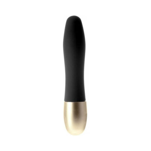 Discretion Black Mini Vibrator Minx with smooth black body and gold-tone base, compact and sleek design.
