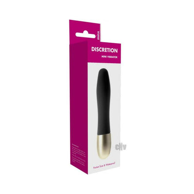 Discretion Black Mini Vibrator Minx in sleek black with gold base, shown in pink and white retail packaging.