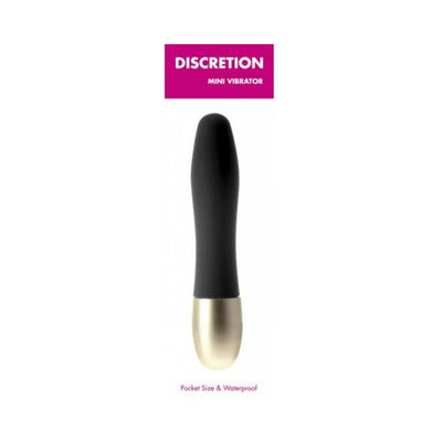 Discretion Black Mini Vibrator with sleek black body and gold base, compact and waterproof design for discreet pleasure.