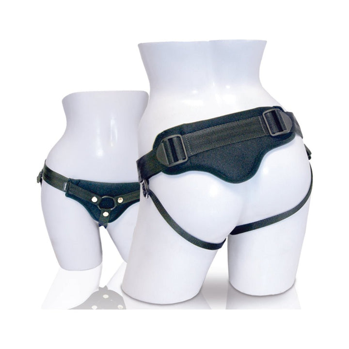 Plus size black adjustable harness with padded back support and interchangeable O-ring on white mannequin.