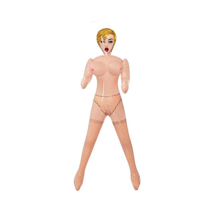 Inflatable female companion doll with blonde hair and printed fishnet stockings on white background.