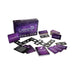 Domin8 Quickie intimate game set with purple box, multiple cards, and domino-style pieces featuring playful icons.