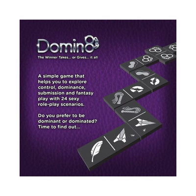 Domin8 Quickie game with black domino tiles featuring icons for control and role-play scenarios on a purple background.