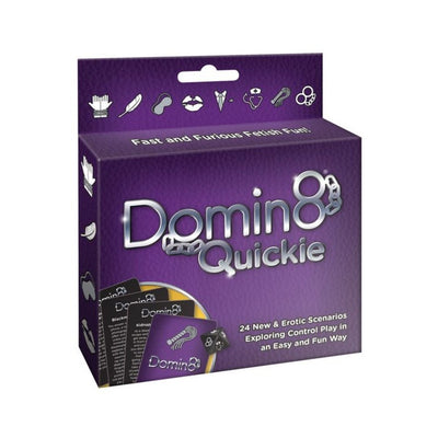 Domin8 Quickie game box in purple with cards and dice, featuring 24 erotic control play scenarios for couples.