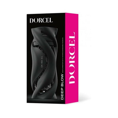 Black Dorcel Deep Blow Masturbator in sleek ergonomic case with spiral design, shown in product packaging.