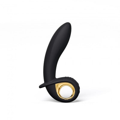 Black and gold inflatable silicone vibrator with ergonomic curved design and finger loop handle.