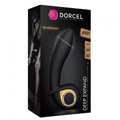 Packaging of Dorcel Deep Expand Inflatable Vibrator in black with gold ring, highlighting rechargeable and inflatable features.