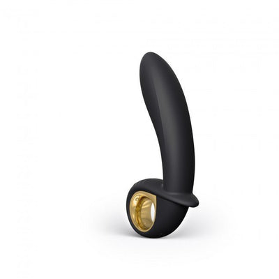 Black and gold inflatable vibrator with ergonomic curved design and ring handle for easy grip.