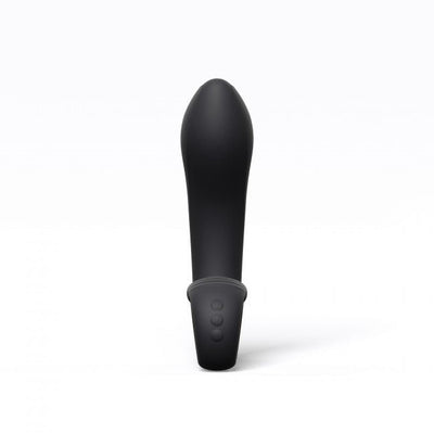Black and gold inflatable vibrator with ergonomic shape and control buttons on the handle against a white background.