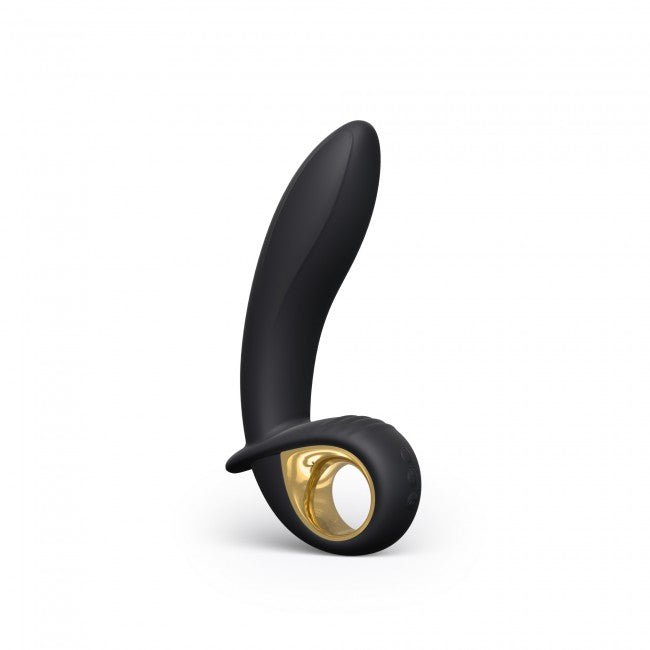 Black and gold inflatable vibrator with ergonomic curved design and finger loop handle for easy control.