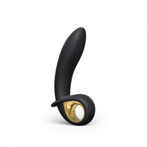Black and gold inflatable vibrator with ergonomic curved design and finger loop handle for easy control.