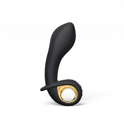 Black and gold inflatable silicone anal vibrator with ergonomic curved design and finger loop handle.