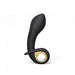 Black and gold inflatable silicone anal vibrator with ergonomic curved design and finger loop handle.