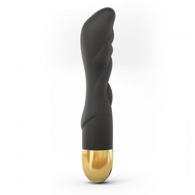 Black and gold bendable vibrator with textured surface and sleek ergonomic design.
