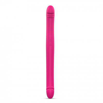 Pink flexible double-ended silicone vibrator with textured heads and dual motors for versatile stimulation.