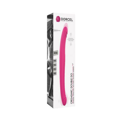 Packaging of Dorcel Orgasmic Double Do flexible double-ended vibrator in pink silicone with dual motors.