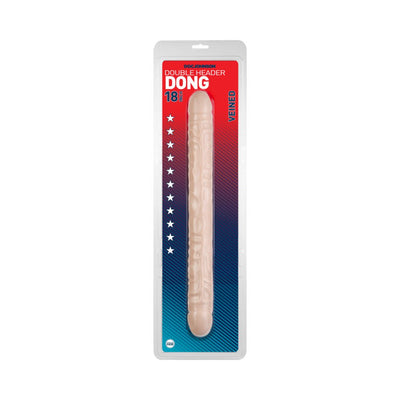 18-inch double-ended veined dong in beige, packaged in clear plastic with red and blue background.