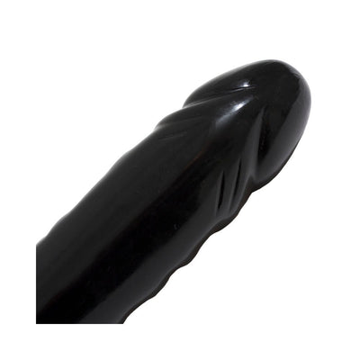 Close-up of the black veined tip of an 18-inch double-ended flexible adult toy.