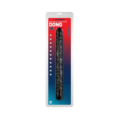18-inch black double-ended veined dong in clear retail packaging with red and blue background.