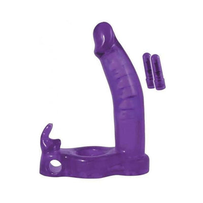 Purple flexible double penetrator cockring with textured shaft and two small removable bullet vibrators.