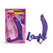 Purple double penetrator cockring with flexible vibrating shaft and two wireless variable speed bullets shown with packaging.