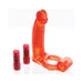 Red double penetrator cock ring with flexible shaft and two small red vibrating bullets on a white background.
