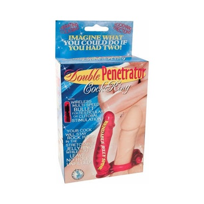 Packaging of the Double Penetrator Cock Ring in red, featuring a wireless multi-speed bullet and bendable jelly spine for dual stimulation.