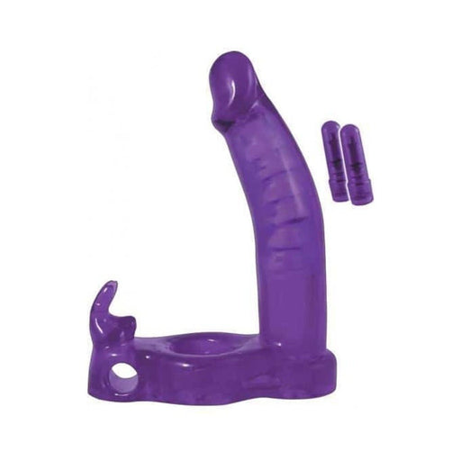 Purple double penetrator cockring with flexible anal stimulator and two removable bullet vibrators.