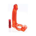 Red double penetrator cockring with bendable shaft and separate small bullet vibrator.