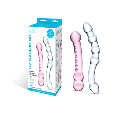 Set of two hand-blown glass dildos in pink and clear with textured designs, shown with packaging box.