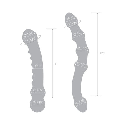 Diagram showing dimensions and measurements of two uniquely shaped glass dildos in the Double Pleasure Glass Dildo Set.