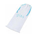 White drawstring storage pouch with blue ribbon ties and gläs logo for glass dildo set