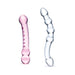 Set of two premium glass dildos, one pink with smooth and textured bumps, one clear with curved, segmented design.