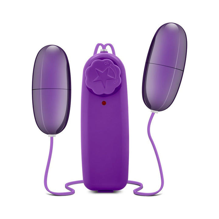 Blush B Yours Double Pop Eggs in plum with wired remote control and adjustable dial for customizable vibration levels.