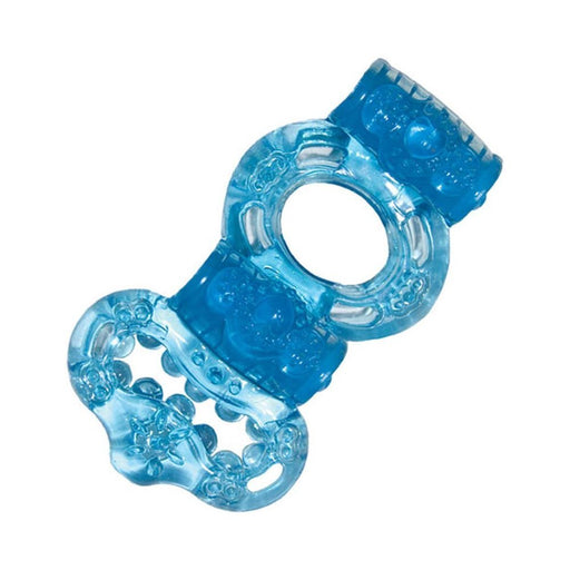 Blue double ring with textured surface and built-in bullet vibrator for enhanced stimulation and comfort.