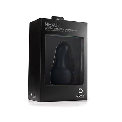 Black Nexus Doxy clitoral stimulator attachment in sleek retail packaging with clear display window.