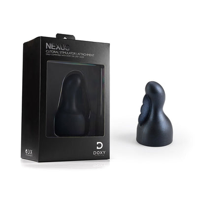 Doxy by Nexus black clitoral attachment with textured silicone surface next to its sleek black packaging box.
