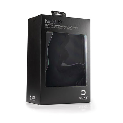 Black Nexus Doxy prostate massager attachment in sleek black packaging with clear window display.