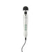 Compact silver Doxy Die Cast 3 wand massager with black silicone head and three control buttons on handle.