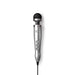 Compact silver Doxy Die Cast 3 wand massager with black silicone head and three control buttons on handle.